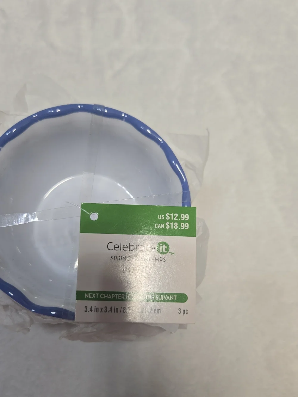 🌞NWT! Celebrate It White Party Bowls with Blue Scalloped Rim 3 Piece 3.4x3.4